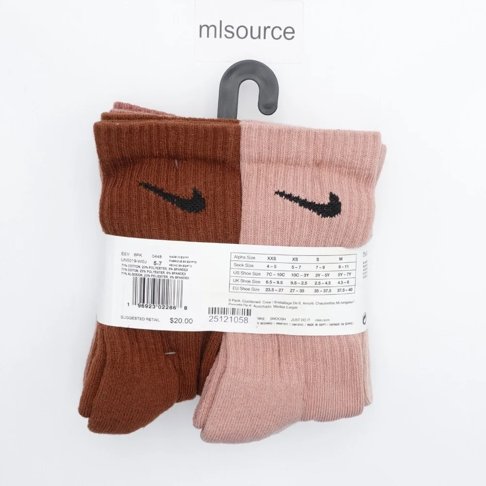 NEW Nike Dri-FIT Performance 6-Pack Crew Socks UN0019-W0J Little Kid's